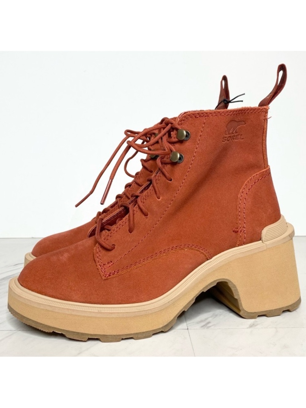 New! Sorel Hi Line Orange Red Suede Lace Up Heeled Bootie 5 1/2
